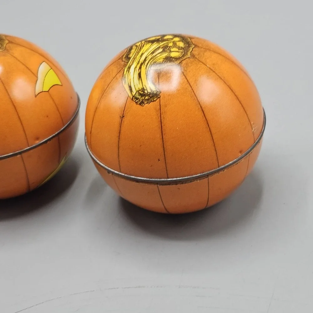 Vintage 80s Tin Pumpkin Jack-O-Lantern LOT OF 2 Midwest Importers Switzerland 3